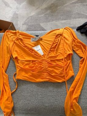 Forever 21 Orange Ruched V-Neck Long Sleeve Crop Top